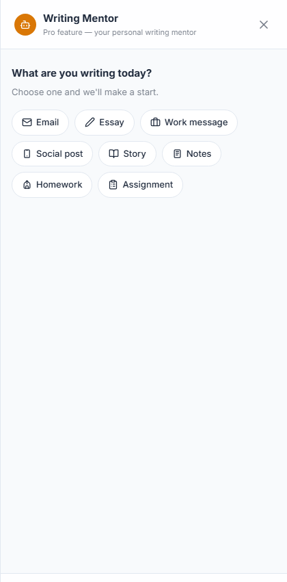 The Writing Mentor side panel, asking "What are you writing today?" with quick-start options like Email, Essay, and Work message